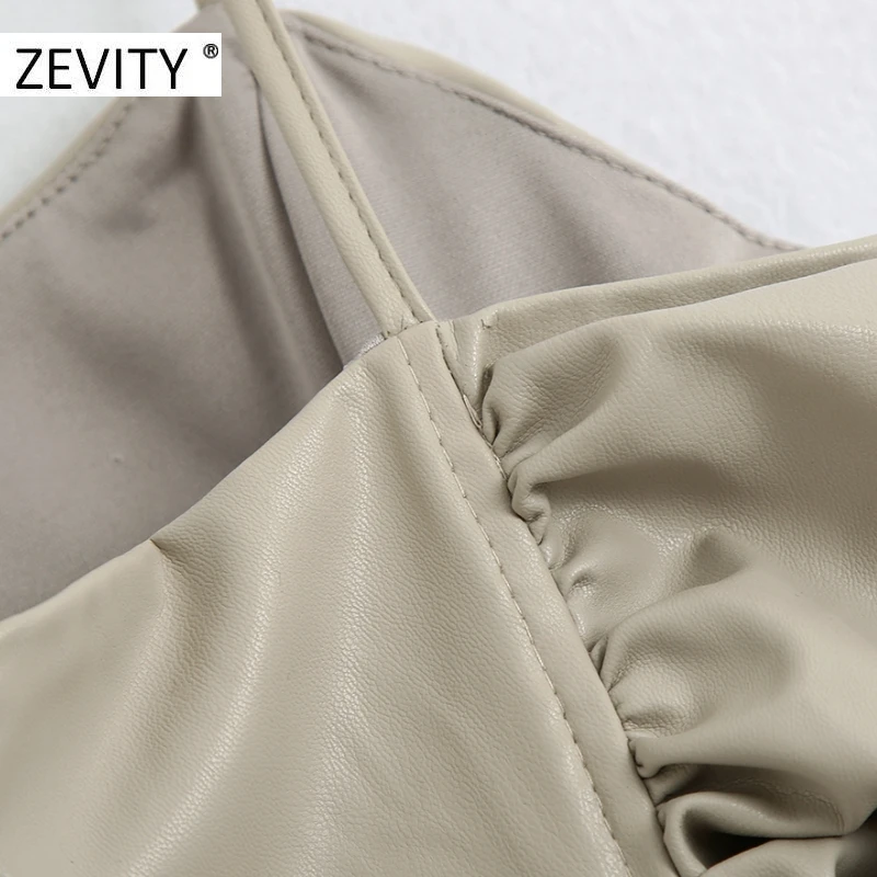 ZEVITY New women sexy spaghetti strap pleated PU leather dress female back zipper slim sling vestido chic brand dresses DS4419