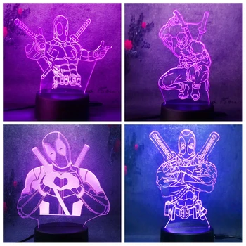 

3D Marvel Comics Anti-hero Role Deadpool Model LED Night Lamp Illusion Novelty Humor Cool Boy Gift Decor Light RGB 7 Color Bulb