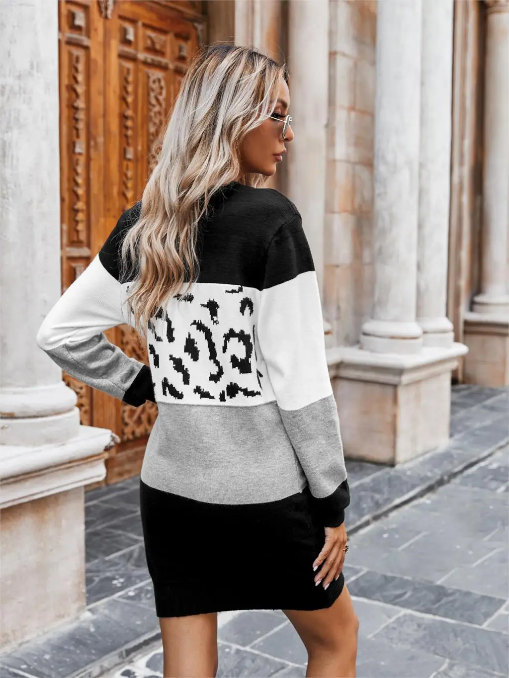 Chifirena Vintage Leopard Patchwork Sweater Dress Women O Neck Long Sleeve Winter Casual Robe Female Elegant Minie Vestidos