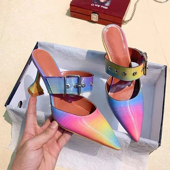 

Colorful Leather Mules Shoes Woman Belt Buckle Pointed Toe Slippers Women High Heels 2020 Spring Women Street Fashion Footwear