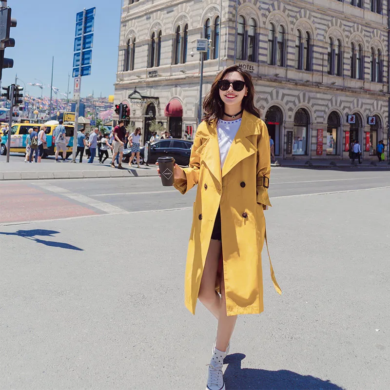 

2018 Women Medium Long Solid Trench With Belt Female Double Breasted Loose Yellow Coat Full Sleeve Turn-down Collar Streetwear