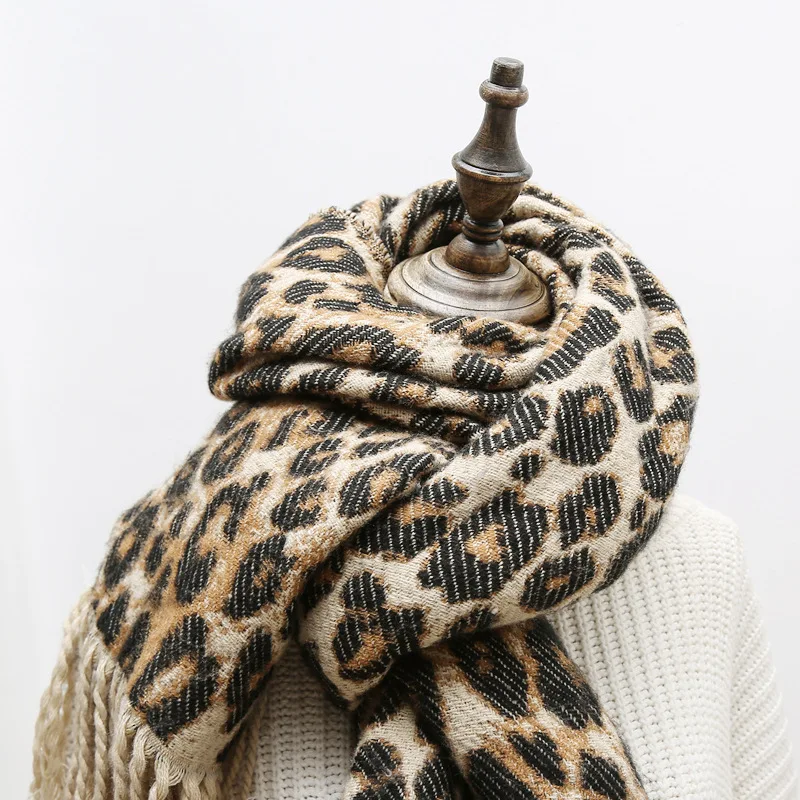 Зимний модный Леопардовый шарф с кисточками, женское пончо из искусственного кашемира, шерсть, Женский палантин, шарф, шаль с леопардовым рисунком, теплый палантин