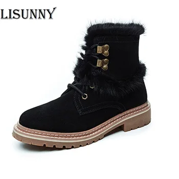 

Female Martin Boots 2020 Winter New Suede Genuine Leather Rabbit Hair British Wind Female Short Boots Shoes