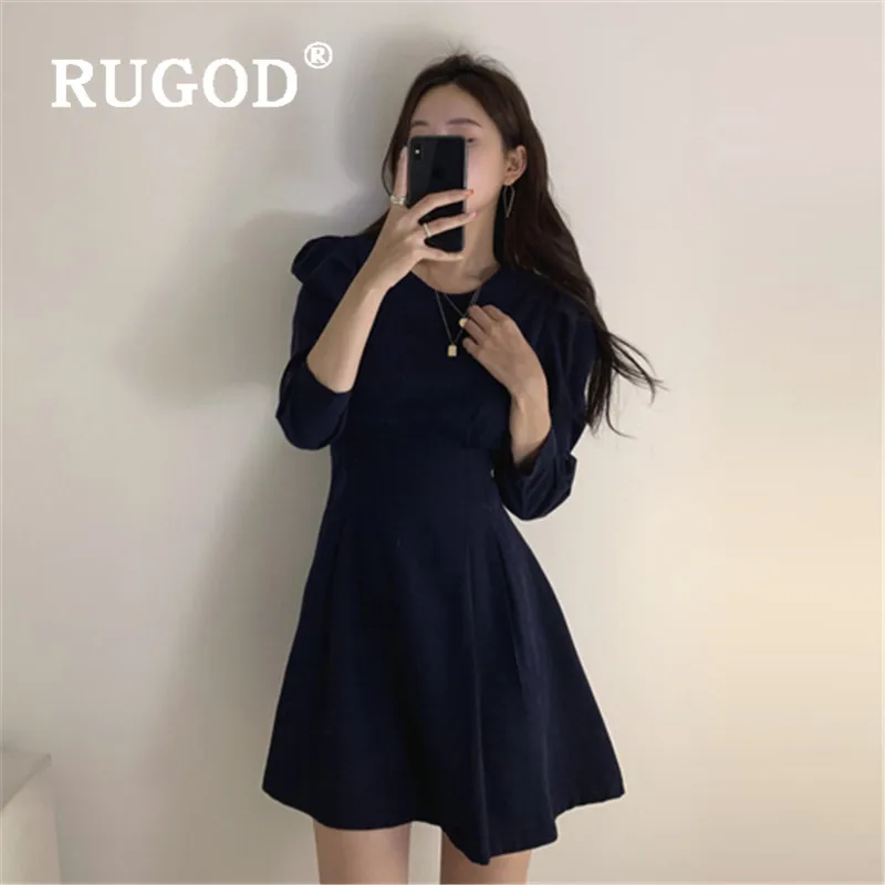 RUGOD элегантное тонкое платье для женщин, корейское шикарное однотонное офисное платье трапециевидной формы три четверти, женское мини-платье vestidos auturm платье
