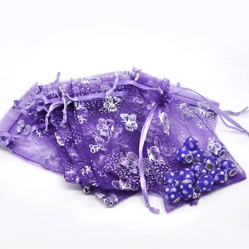DoreenBeads модные сумки для ювелирных изделий из органзы с затягивающимся прямоугольным фиолетовым узором бабочки упаковка 12 см x 9 см(4 6/" x3 4/8"), 4 шт