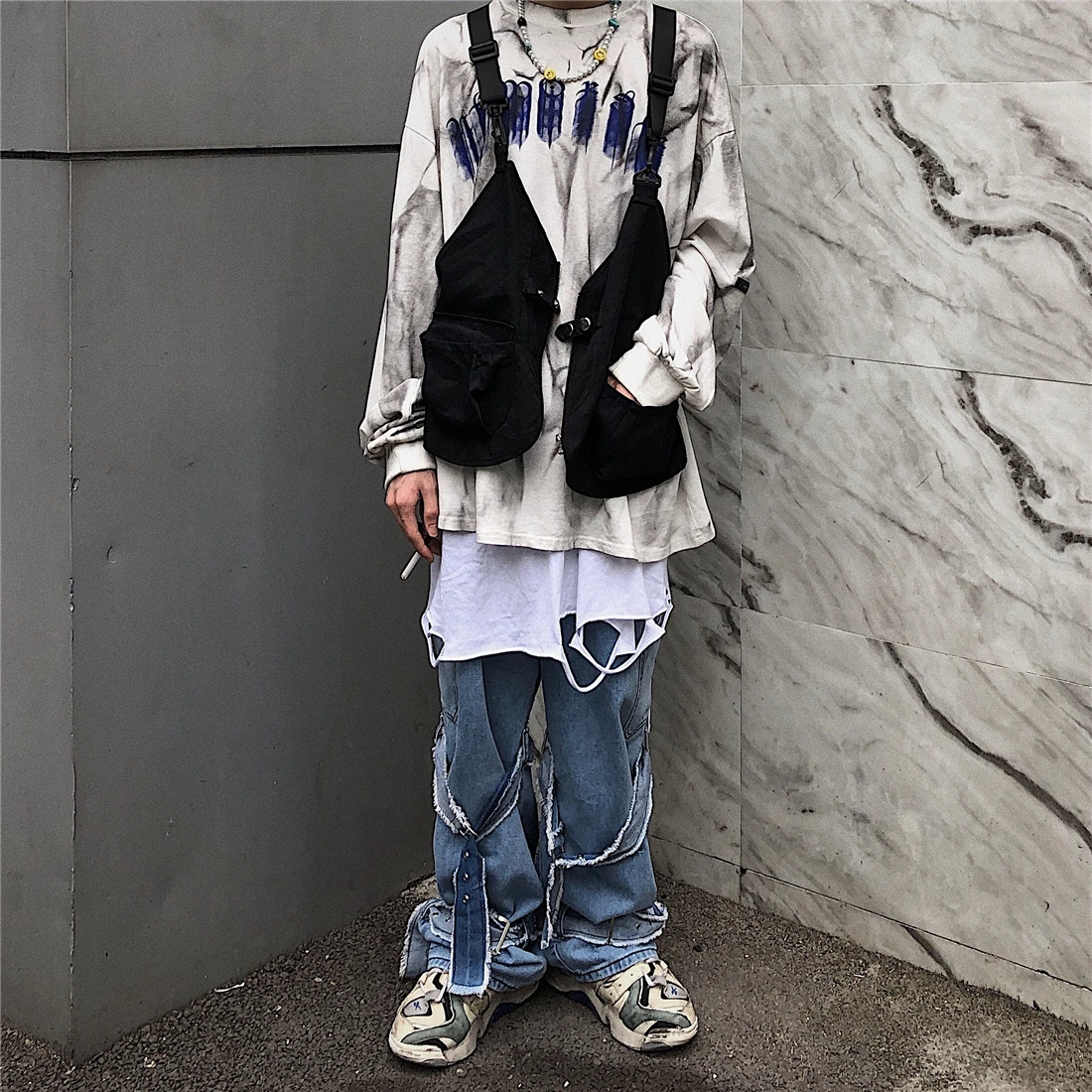 Новая нагрудная сумка мужская функциональная жилетка корейский Harajuku уличный стиль Большая вместительная сумка через плечо для женщин Черная Хлопковая сумка-мессенджер