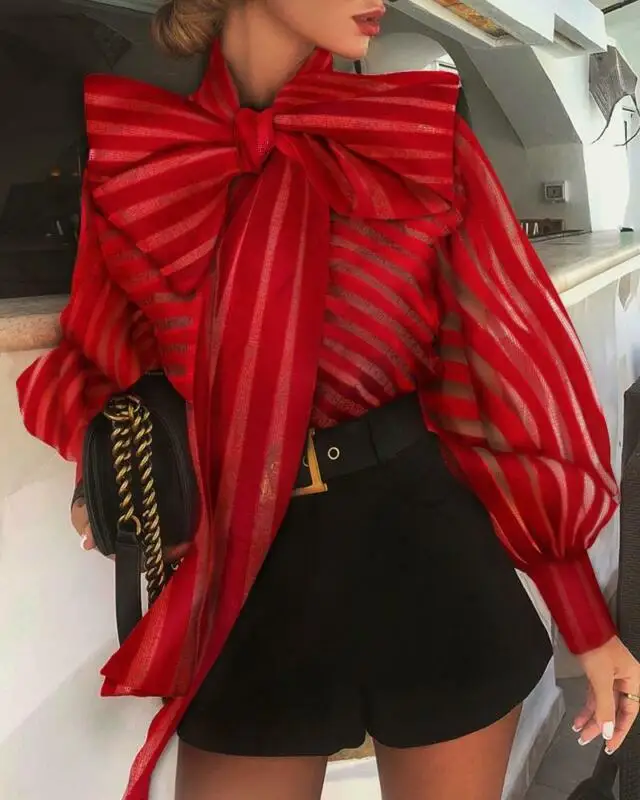 

Women Mesh Shirt Casual Long Lantern Sleeve Striped Tops OL Blouse Formal Shirts Basic Red Black Long Sleeve Polyester Autumn