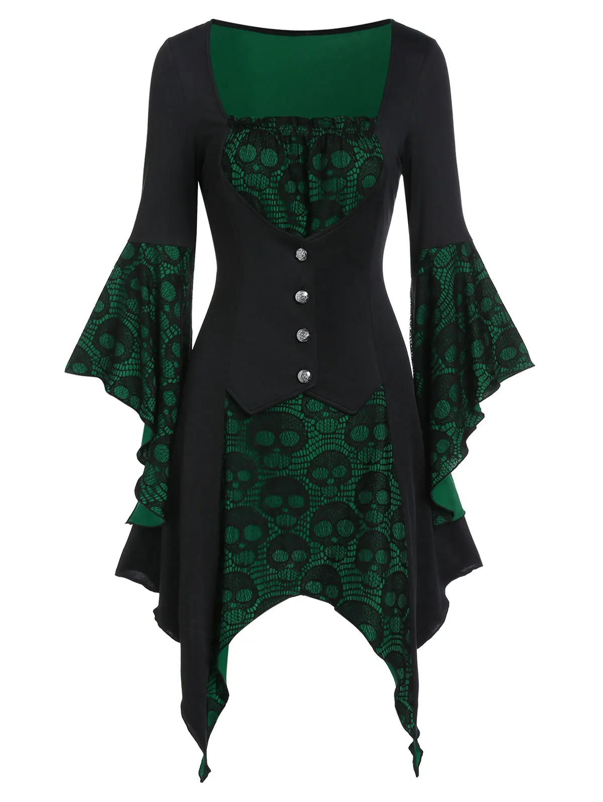  ROSEGAL Halloween Dress Women Vintage Gothic Skull Lace Insert Poet Sleeve Square Neck Button Ruffl