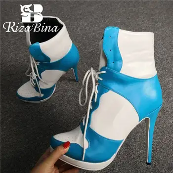 

RIZABINA Fashion Ankle Boots Women Mixed Color Lace Up Thin High Heels Shoes Platform Winter Warm Women Footwear Size 35-47