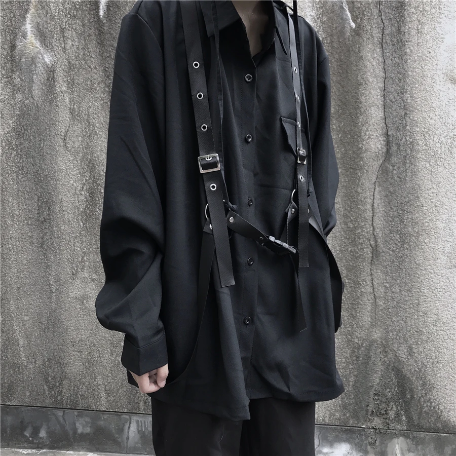 Neploe Vintage Long Sleeve Black Blouse Harajuku Women Men Shirt 2020 Autumn Korean Bandage Blusas Medium-long Tops Coat 55503