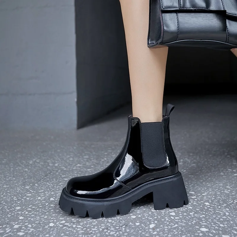 

MEZEREON Full Grain Leather Chelsea Boots Thick Bottom Platform Shoes Round Toe Fashion Ankle Boots Elastic Band 6.5 CM Heel