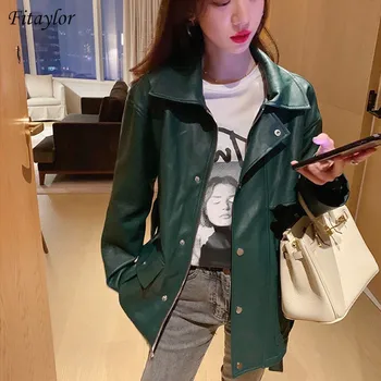 

Fitaylor 2020 New Autumn Women Loose Black Pu Faux Soft Leather Jacket With Belt Casual Female Streetwear Zipper Biker Moto Coat