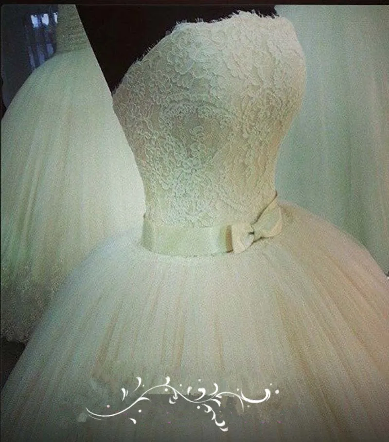 

Sexy Romantic Strapless Sleeveless With Bow Sash White Graceful Long Lace Ball Gown Wedding Dresses 2014 Vestido Novia MF182