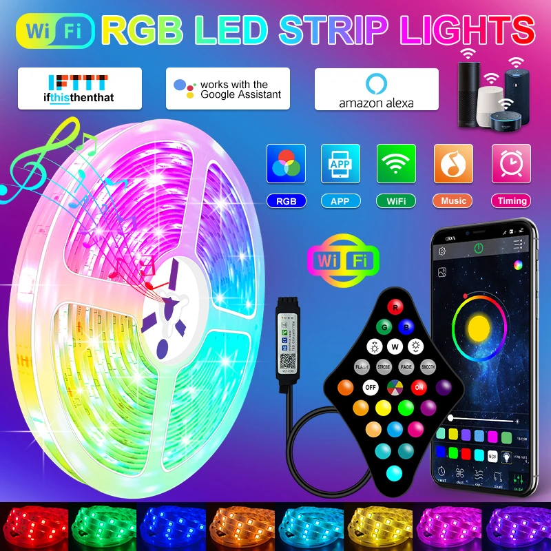 Wifi Led Strip Light Smart Alexa Bluetooth Luces Led Lights Lamp Rgb Rgbww  5m-30m App Control Flexible Tape Ribbon For Room - Led Strip - AliExpress