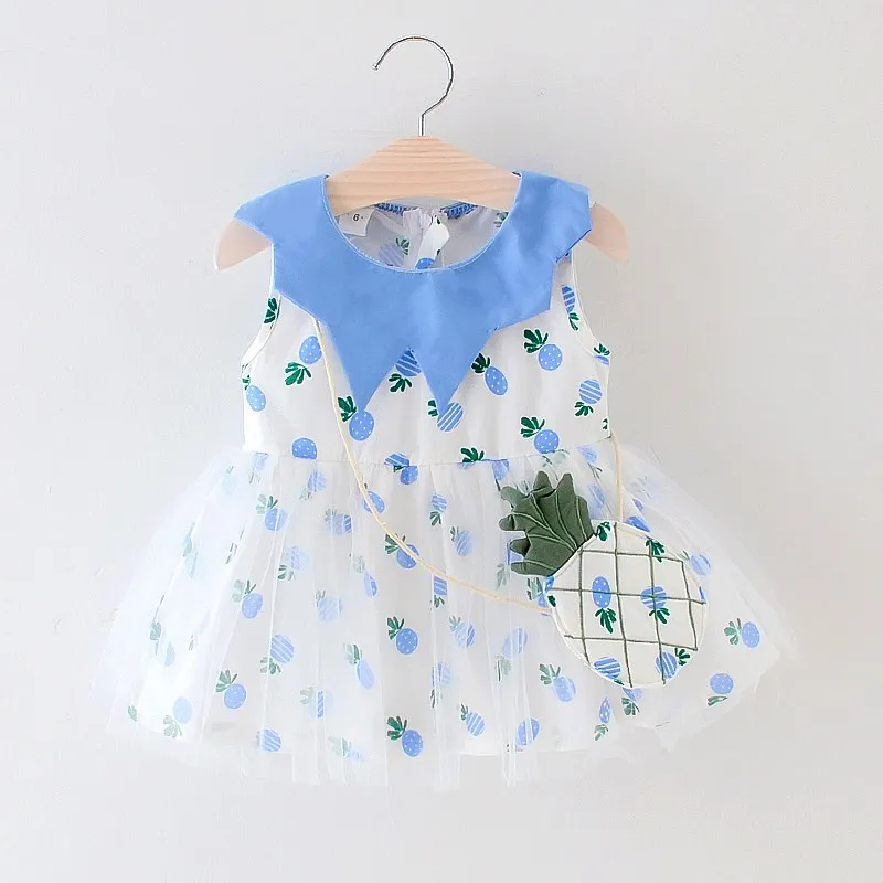 Летнее Повседневное платье-пачка для маленьких девочек Хлопковые Платья без рукавов с рисунком ананаса для малышей+ сумка