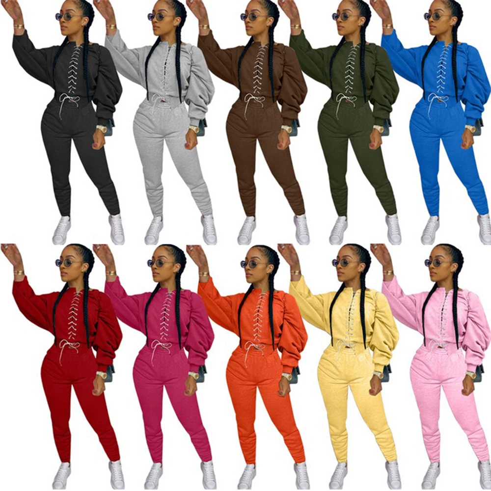 

Women Two Piece Set Fashion Solid Tracksuit Autumn Cross Straps Long Sleeve Tops + Pants Casual Suit Matching Sets