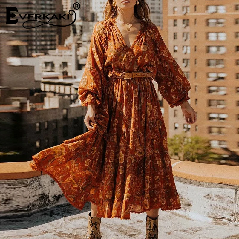 Everkaki Boho длинное платье с принтом женские осенние зимние кружевные лоскутные