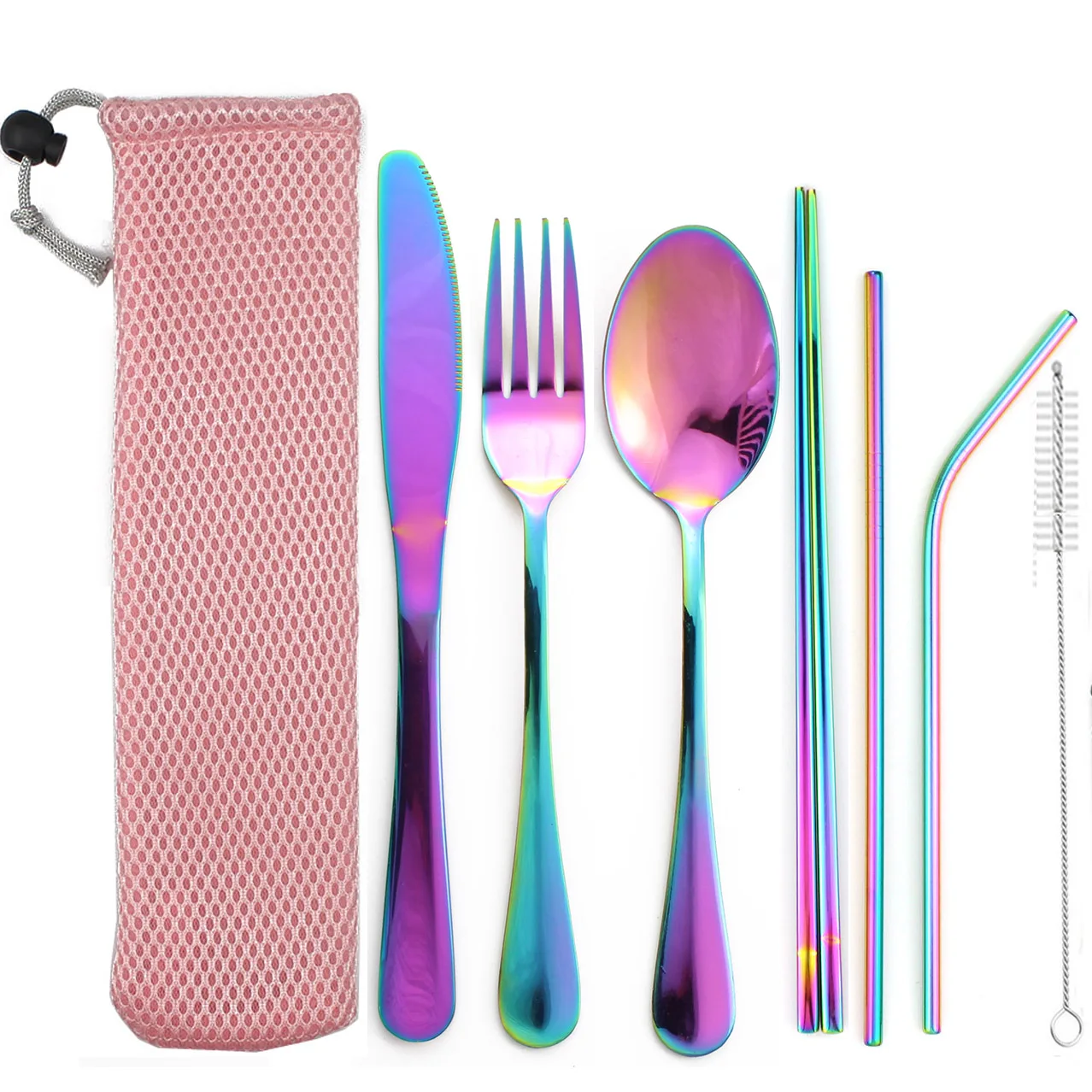 8pcs/Set Portable Dinnerware Set Colorful Rainbow Cutlery Reusable Tableware with Metal Straw Spoon Fork Chopsticks Case | Дом и сад