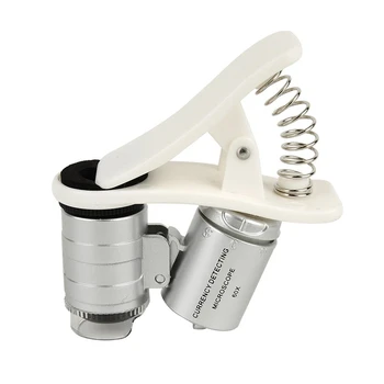 

60X Universal Mobile Phone Mini Portable Clip LED Microscope Magnifier Loupe UV Currency Detector Flashlight Silver
