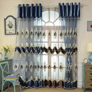 

European Luxury Royal Blue Flocking Embroidered Tulle Curtains For Living Room Coffee Color Sheer Panel For Hotels Bedroom 021#4