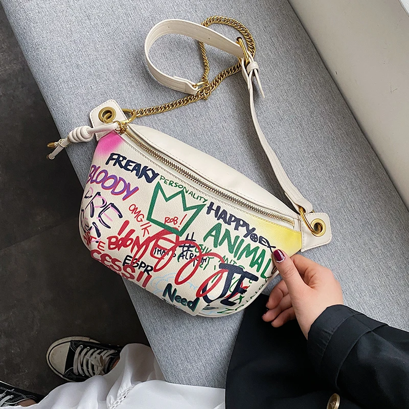 

Graffiti PU Leather Crossbody Bags for Women 2020 Fashion Chain Shoulder Messenger Bag Female Letter Printing Chest Belt Bag