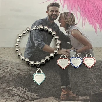 

Women Bracelet Heart-shape Hemming 8mm Round bead chain S925 Sterling silver Jewelry popular accessories Valentine's Day gift