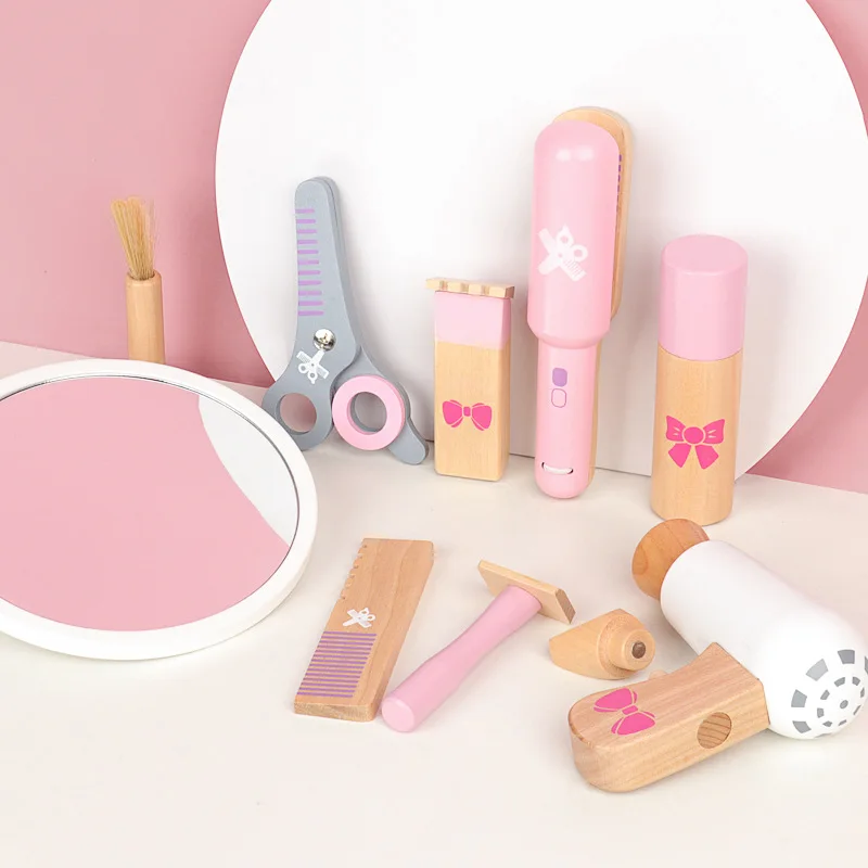 New Wooden Haircut Toy Set Beauty Wood Hairdressing Girls Makeup Set