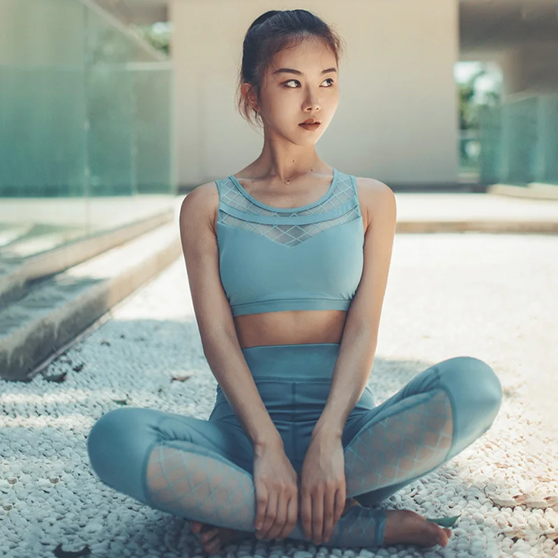 NRAHBSQT Cross beauty спортивный бюстгальтер на спине быстросохнущая сетка штаны для йоги 2 шт. спортивный комплект для фитнеса женский спортивный костюм для бега одежда для бега - Цвет: Синий