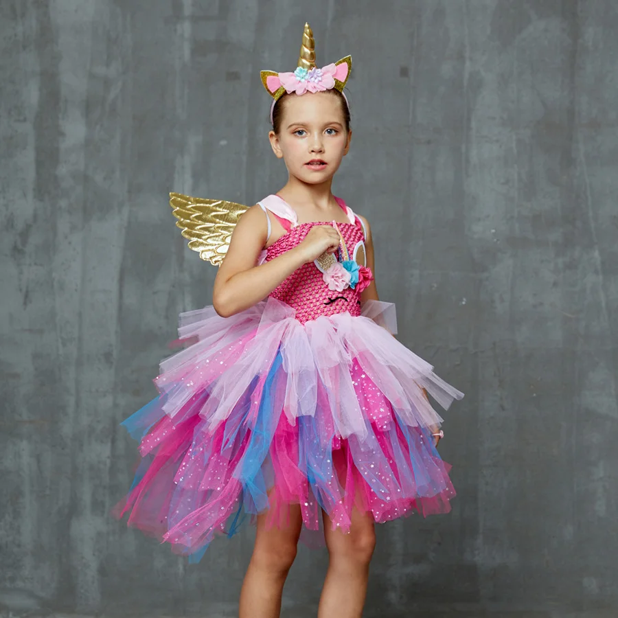 Layered Flower Girl Unicorn Tutu Dress with Headband Wings Sequins Birthday Party Halloween Cosplay Tutu Dress up Unicorn Costume (8)