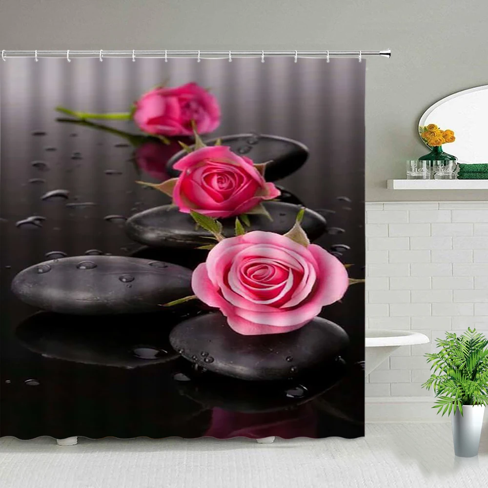 

Занавеска для душа, декоративная подвесная занавеска в ванную комнату, с рисунком красных роз, черных дзен, цветов, растений
