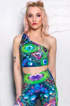 

Women Psychedelic Painted Printed Future Top Halloween Cosplay Carnival Party Gothic Bodycon Punk Sharp Dance One Shoulder Shirt