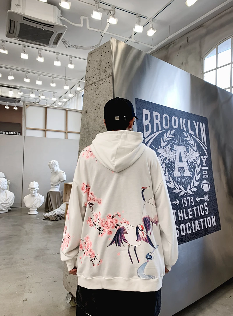 Dropshipping Chinese Style Flower Crane Printing Male Female Autumn Winter Hooded Sweatshirt Fashion Cotton Couple Hoodies
