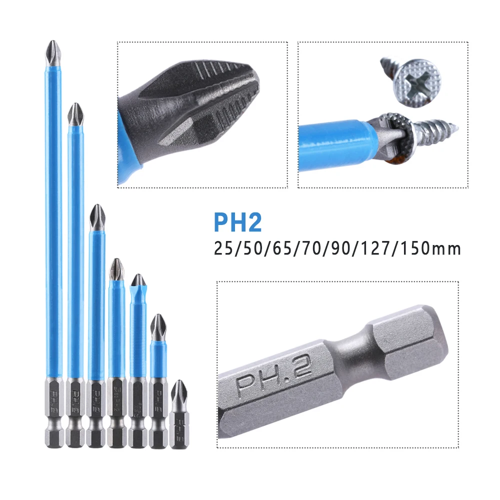 1/4 Hex Shank Magnetic Anti Slip Long Reach Electric Screwdriver Bits  Precision PH2 Single Phillips/Cross Head Power Tools - AliExpress