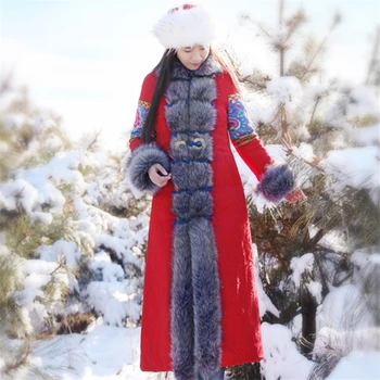 

winter national style embroidered cotton-padded coat cotton clothing long windbreaker fur collar Chinese cotton thick robe women