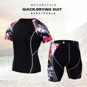 

Motorcycle T-Shirt+Shorts Suit Men Tight Sleeve T-Shirt&Pants Compression Sport Running Set Motorbike Quick Dry Base Layer Suit
