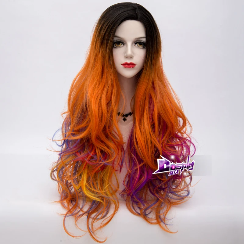 Orange Yellow Косплей микс Аниме Косплей 75 см многоцветный Омбре длинные кудрявые Хэллоуин Рождество синтетический парик+ шапка - Цвет: Orange Yellow