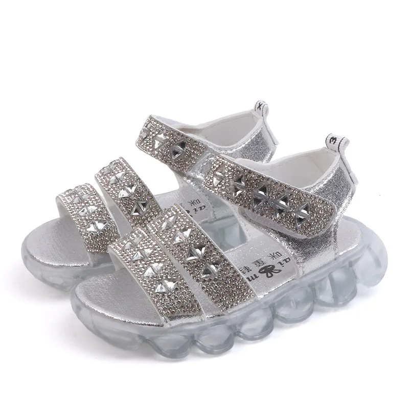 HKXN Summer Shoes Kids Sandals LED Flashing Lights Crystal Bling Hook Loop Breathable Soft Anti Slip Toddler Children Shoes T02