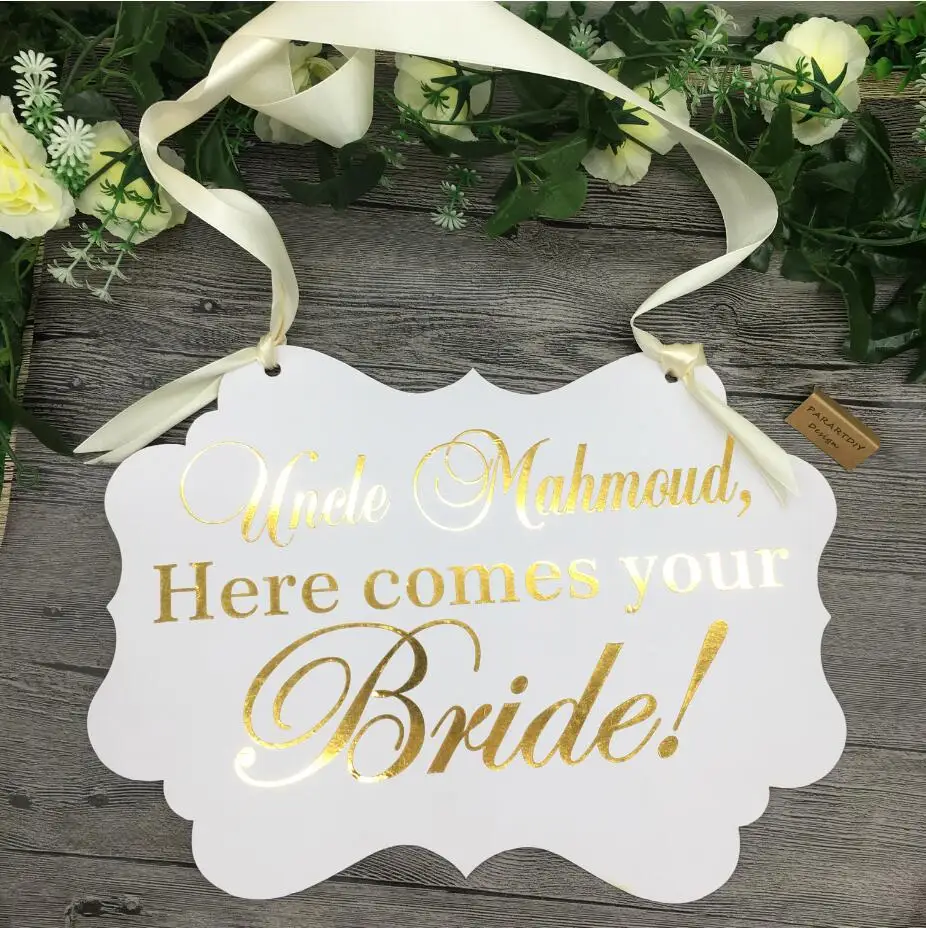 Personalize Gold wedding sign,Here comes your Bride Sign, Ring bearer sign, Flower girl sign, Wedding decor Photo Prop