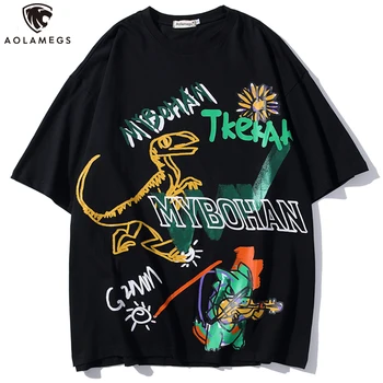 

Aolamegs Men's T Shirt Cartoon Dinosaur Colorful Letter Print T Shirt Men Hip Hop Style Oversize High Street Hipster Streetwear