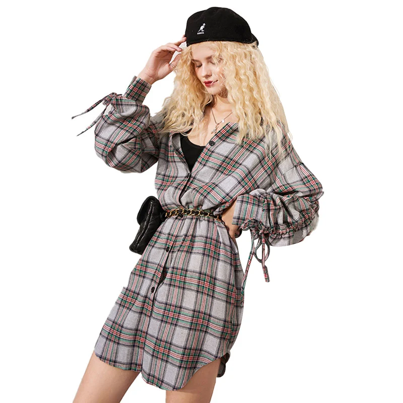 ELFSACK Plaid British High Waist Chiffon Shirt Dress Women,2020 Autumn ELF Vintage Lace Up Korean Ladies Daily Preppy Dresses