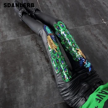 

Leather Leggings Women Autumn Winter New Women's Diamond Peacock Sequins Faux Leather Trousers Leggins Leggins Mujer Leginsy