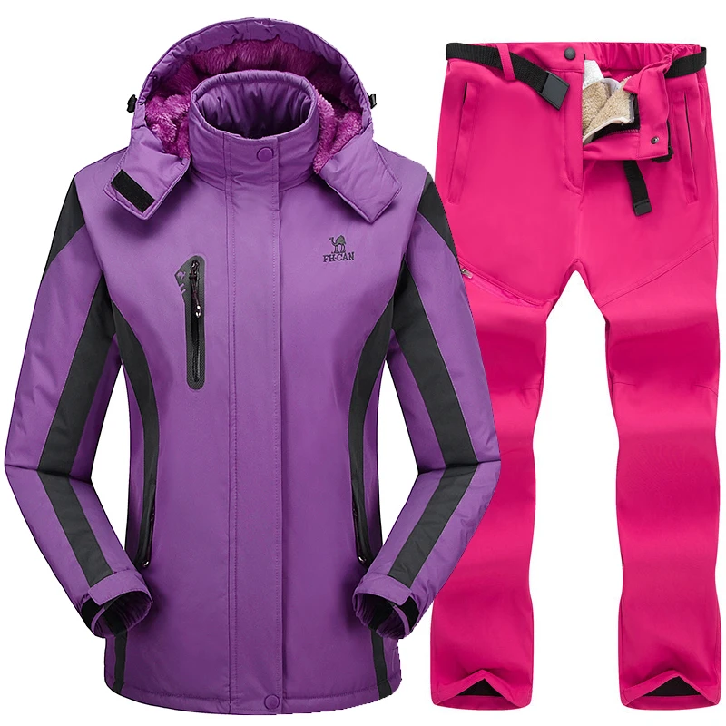 Лыжный костюм для женщин, лыжная куртка, брюки, водонепроницаемая походная Лыжная и Сноубордическая куртка, комплекты зимней спортивной одежды из флиса - Цвет: Purple   Rose red