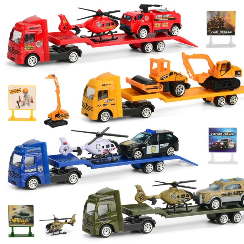 1 64 Mini alloy fire fighting engineering driver pushing inertia sliding model toy suit children s 3