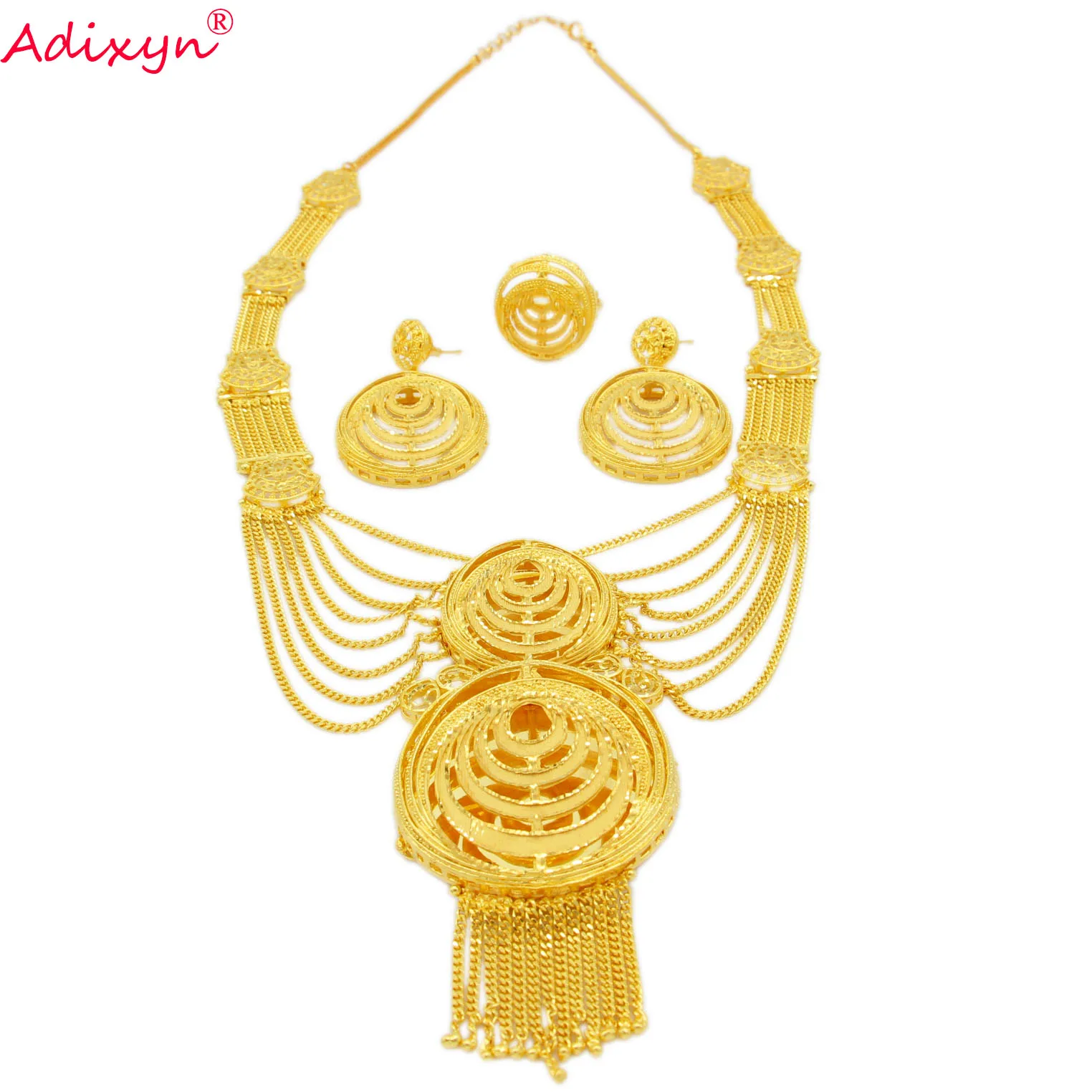 Adixyn Dubai 24K Gold Color Jewellry Set for Women India African Bridal Wedding Gifts Tassles Necklace/Earrings/Ring Set N122717