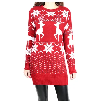 

Christmas Sweater Dress Women Autumn Winter Casual Deer Geometric Print Knitted Long Sleeve Sweater Warm Pullovers Mujer