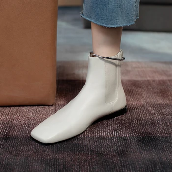 

EshtonShero Winter Shoes Woman Leather Slip On Ankle Boots Flat Heel Square Toe Black Classic Ladies Wedding Boot Size 2-9