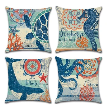 

Turtle Printed Cushion Cover Sea Style Octopus Cotton Linen Pillow Case Sea Animal Decorative Pillowcase Funda De Almohada