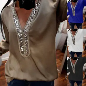 

Plus Size Womens Chiffon V-Neck Top Ladies Long Sleeve Casual T-Shirt Tee