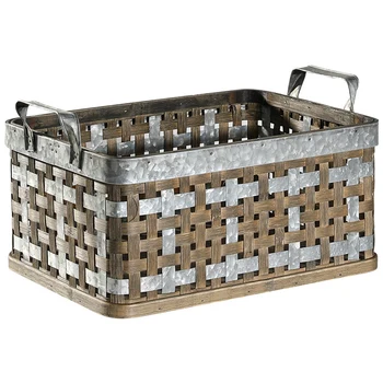 

Square Galvanized Silver Metal Woven Storage Basket with Handle Retro Rustic Farmhouse Industrial Style Home Decor