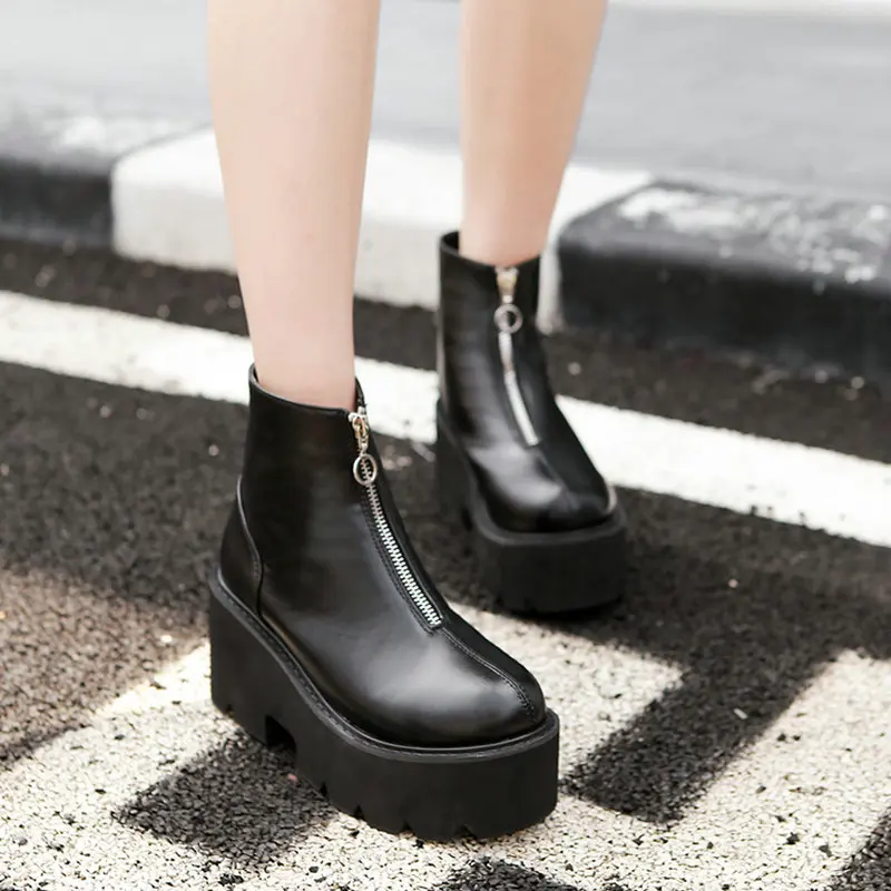 Lady Jane Super High Platform Rome Ankle Boots New Autumn Front Zipper Thick Heels High Heel Black Boots For Women Shoes